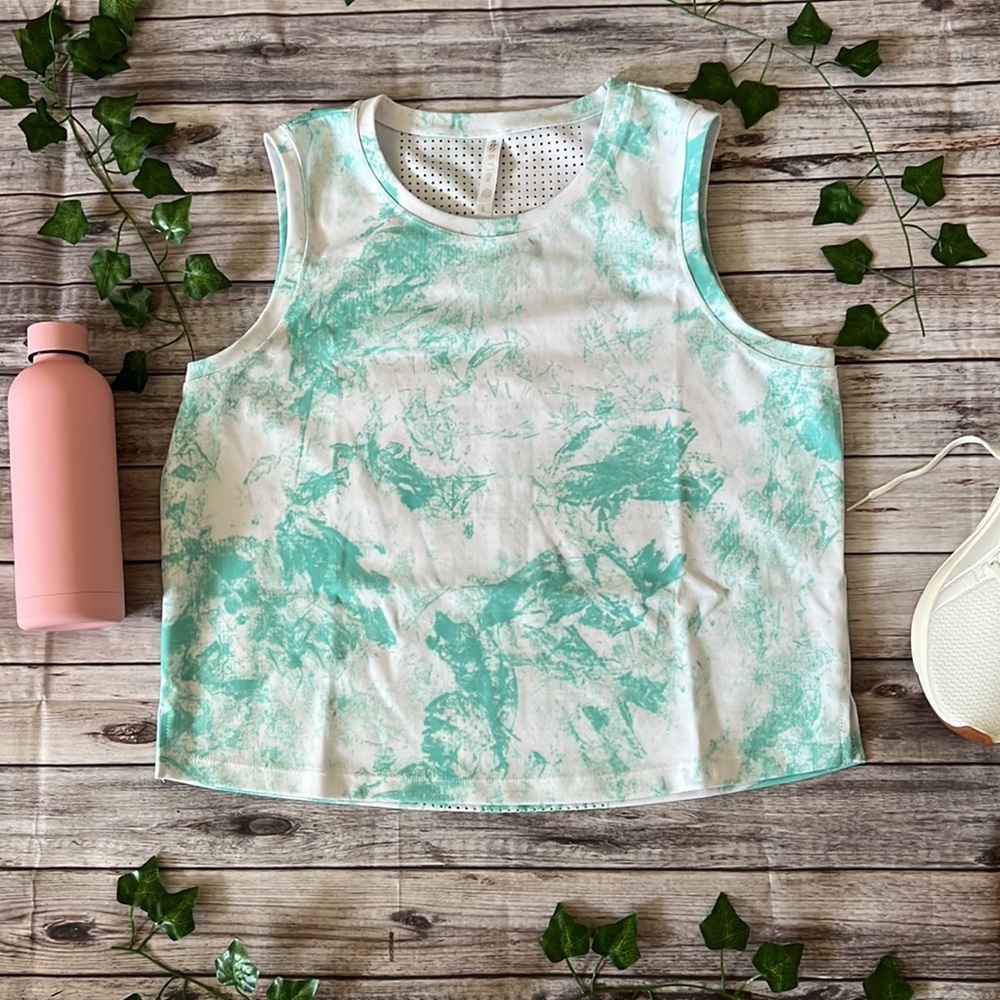 LARGE Ebb & Flow work out mesh shirt mint green white splatter crop top fitness